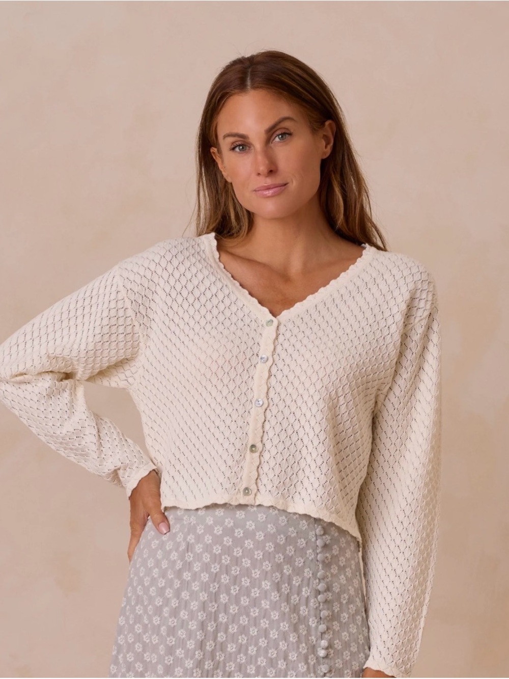 Rylee + Cru Ivory Knit Short-Sleeve Button-Up Top - Picture 2 of 2